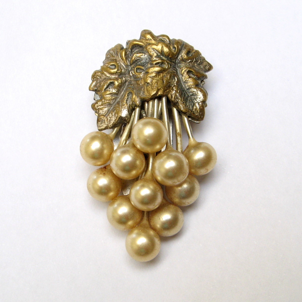 VINTAGE Dress CLIP 1930s Brass Pearl GRAPES Art Nouveau Wear Jewelry