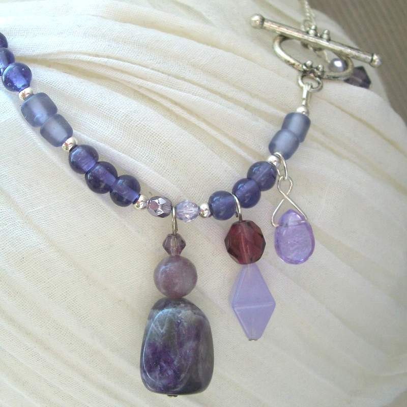Amethyst , Silver, Lepidolite - Higher Ground Asymmetrical Necklace - Handmade OOAK - Purple, Violet, Lavendar, 17.5" - Free US Shipping