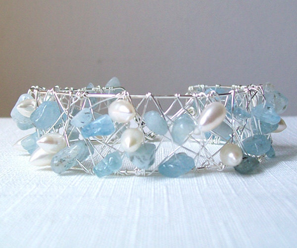Aquamarine and Freshwater Pearls Wire Wrapped Silver Cuff Bracelet