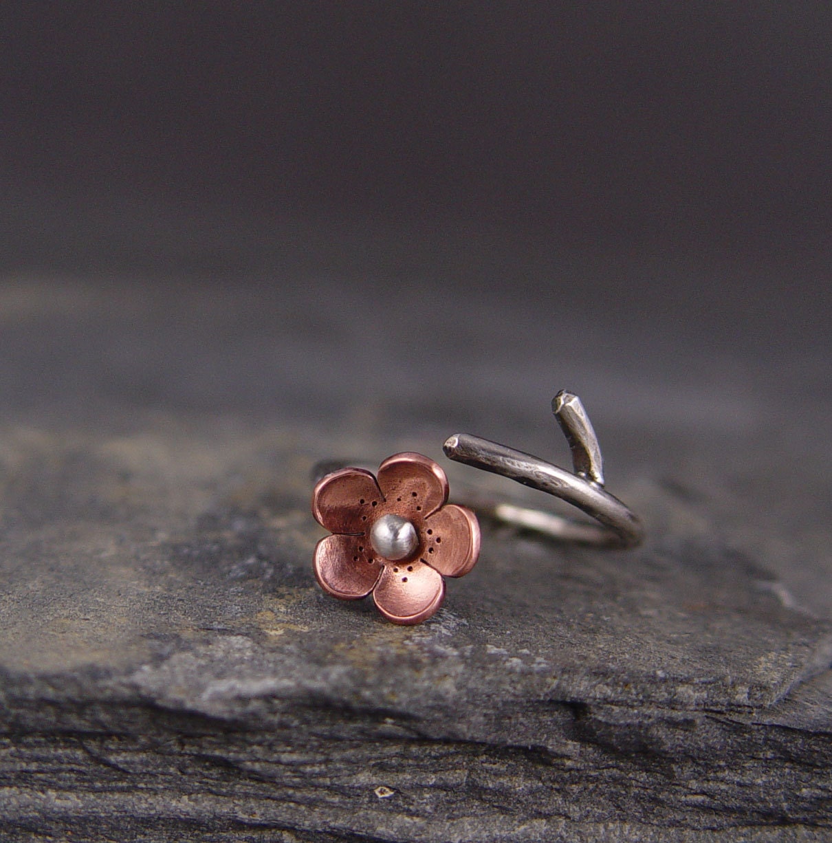 Cherry Blossom Branch Adjustable Ring,Spring Jewelry,1 single flower ring  MADEtoORDER, Plum blossom, Twig jewelry,  ROUND Petals