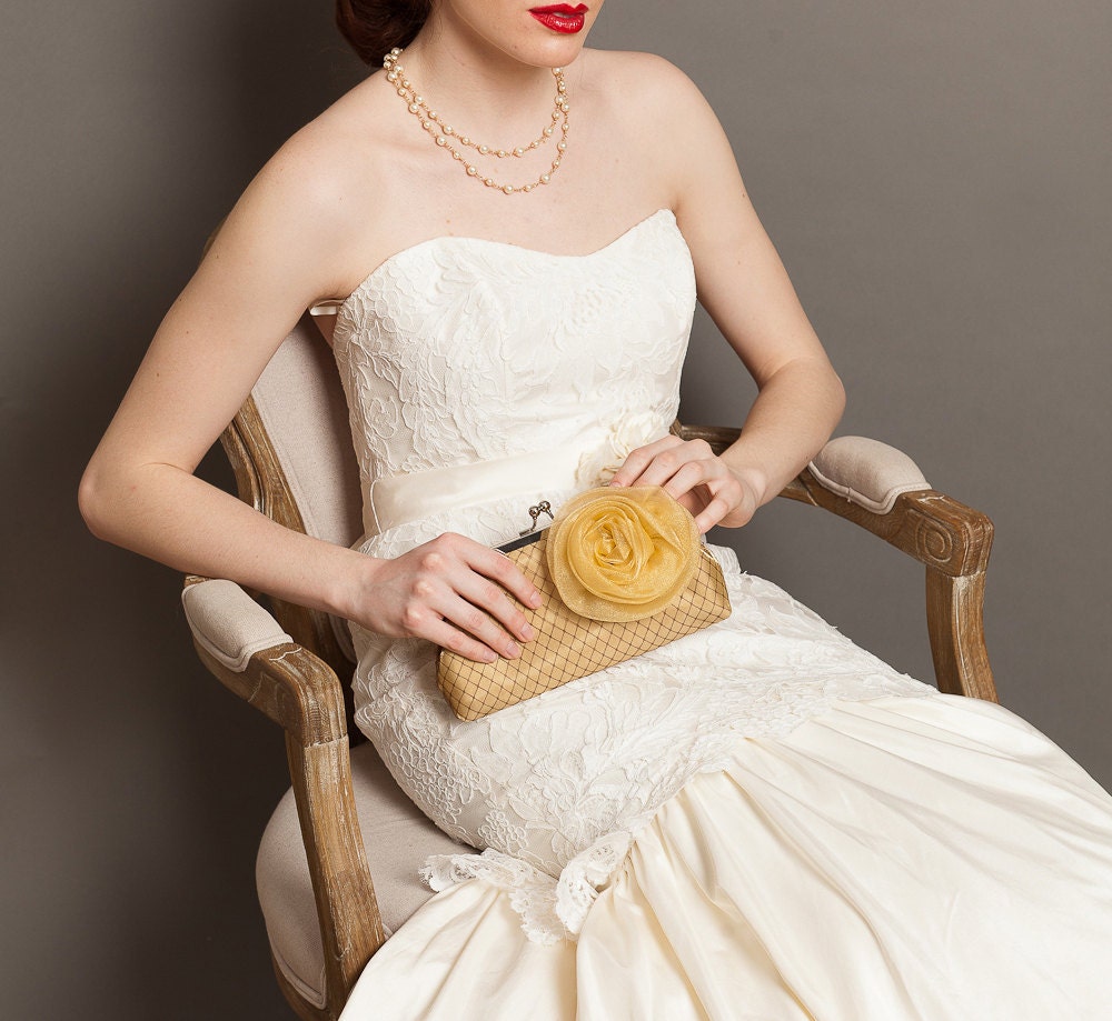 Gold Satin Clutch with large organza rosebud PASSION 8-inch