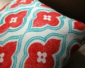 red and turquoise hand printed linen ogee design home decor pillow case