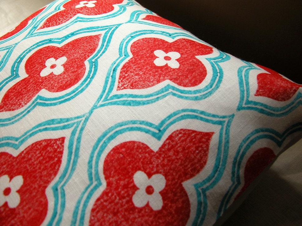 red and turquoise hand printed linen ogee design home decor pillow case