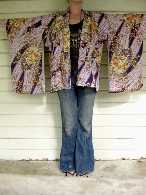 VINTAGE 70s silk kimono floral shirt- bohemian boho hippie top