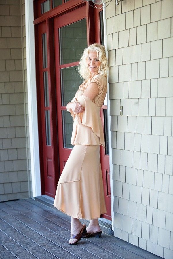 Art Deco Fitted Jersey Dress, Bell Top With Asymetical Wrap Skirt & Shawl-Hip Scarf