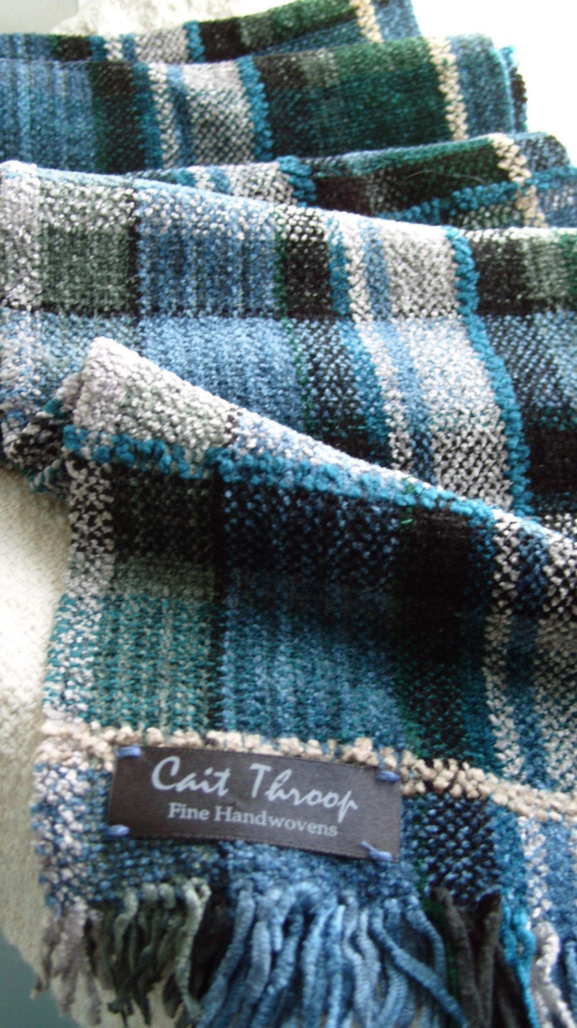 Chenille Scarf in Soft Blue, Gray and Stormy Teal Plaid for Men and Women