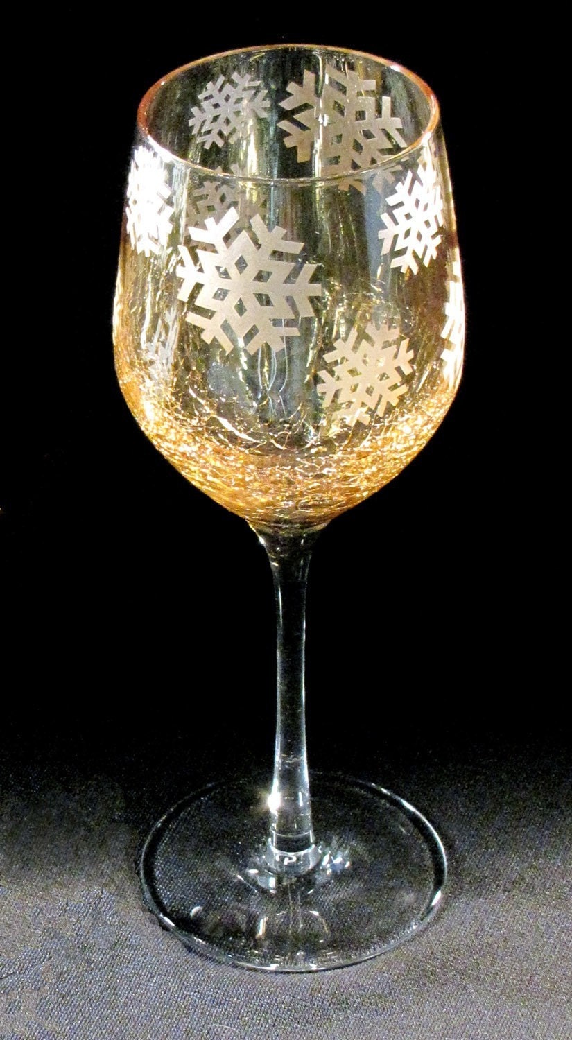 Winter Wedding Wine Glasses, Golden Snowflakes on Crackled Glass