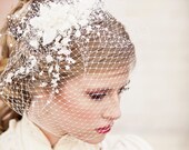 Birdcage veil with vintage flower spray, modern veil, wedding headpiece