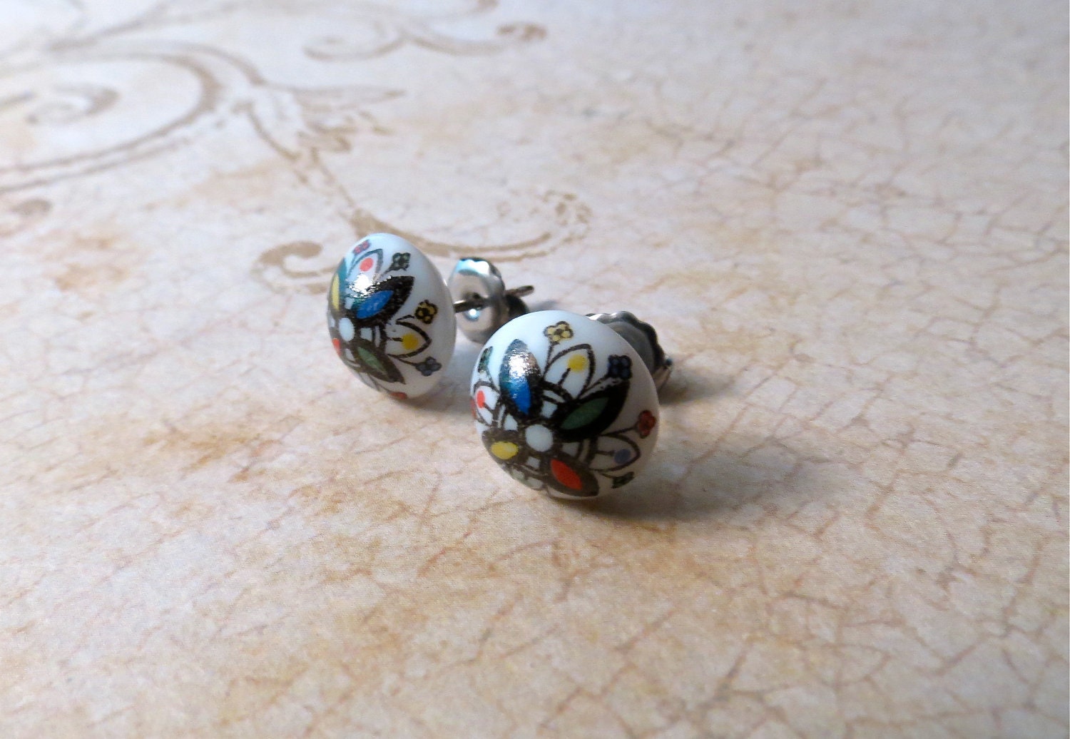LAST PAIR // Colorful Ornate Floral Vintage Glass Post Stud Earrings : surgical steel for sensitive ears