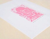 Cthulhu Enthroned Linocut Pink on White