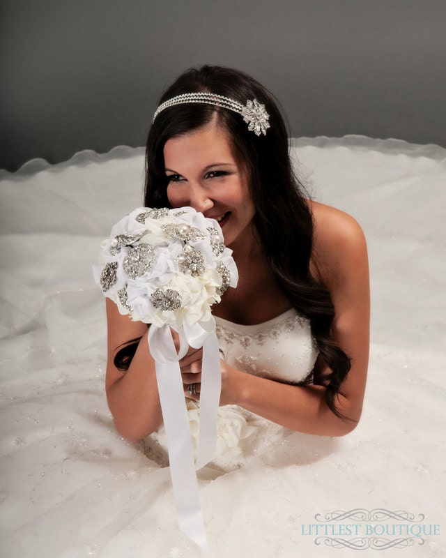 The Vintage - Bridal Bouquet with Rhinestones, Pearls, Chiffon and Silk Flowers and Satin Ribbon (Ready to Ship)