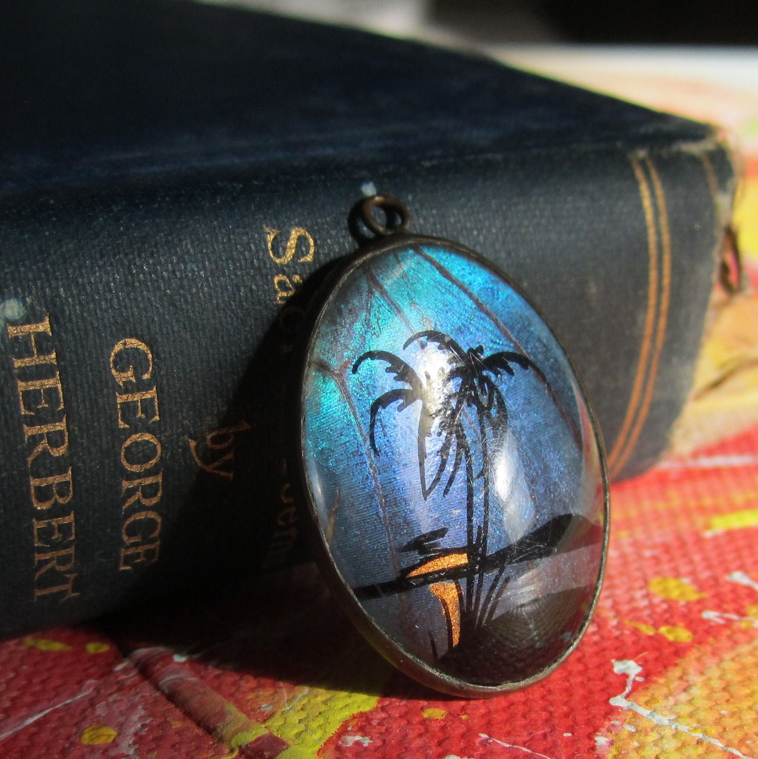 Butterfly Wing - Art Deco reverse painted tropical scene on butterfly wing Pendant, Magnificent and Rare