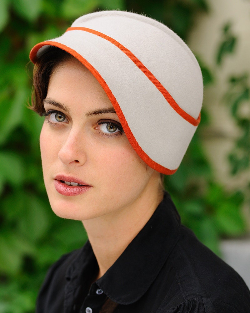 Clementine- light gray cloche with orange trim