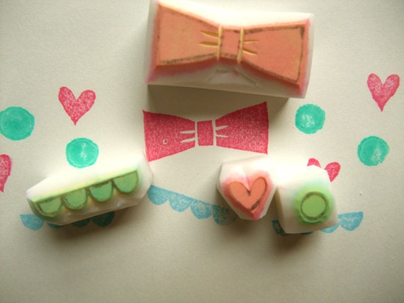 GIRLIE rubber stamp - hand carved rubber stamp - hand carved stamp -  love heart/bow/circle/scallope - set of 4