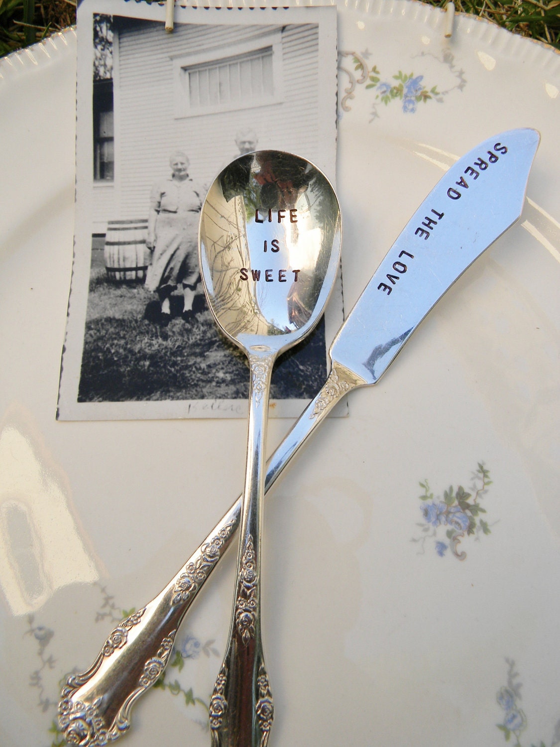 Vintage Stamped Flatware Knife and Spoon  Butter and Sugar Hostess Set