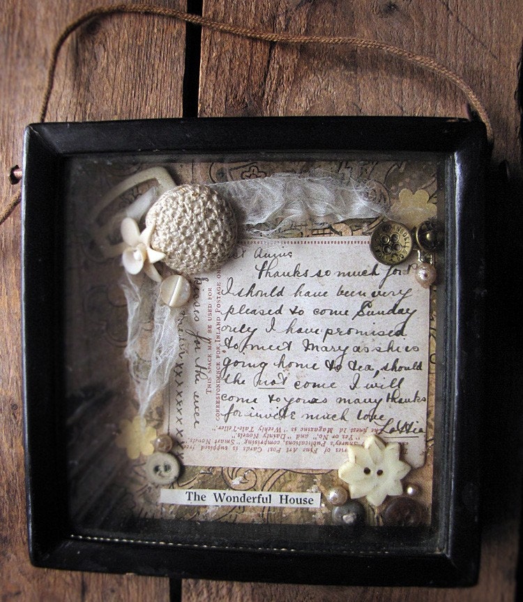 The Wonderful House - shadow box - original assemblage art - antique buttons - romantic shabby