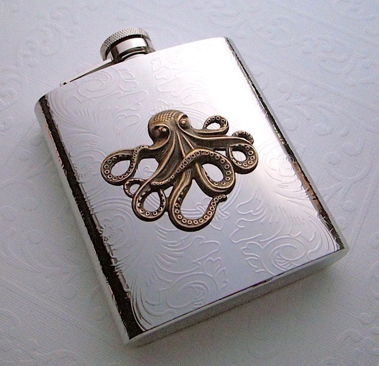 Steampunk Flask Brass Octopus Large Size Holds 8 oz Vintage Reproduction Gothic Victorian Nautical Silver & Brass Mixed Metals