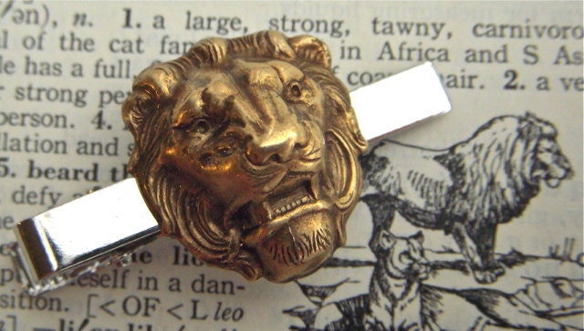 Lion Tie Clip Brass & Silver Mixed Metals Gothic Victorian Vintage Inspired Tie Bar Brass Lion Steampunk Style Men's Accessories