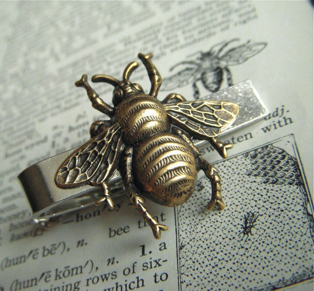 Bee Tie Clip Vintage Inspired Gothic Victorian Silver & Brass Mixed Metals Steampunk Style Men's Unique Gifts Accessories