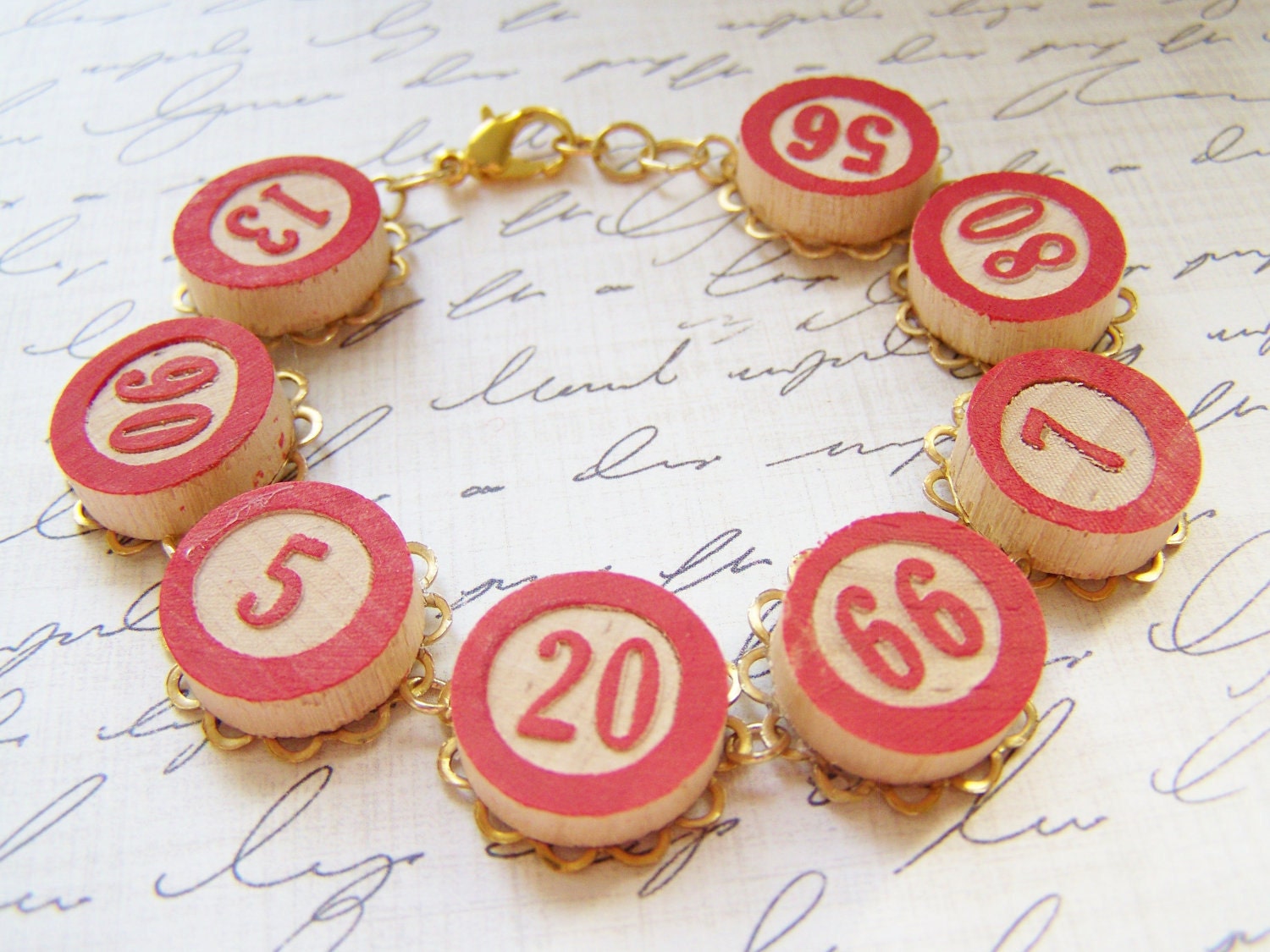red vintage bingo piece bracelet ... lucky jewelry, vintage game pieces, cabochon bracelet, gambling grandma