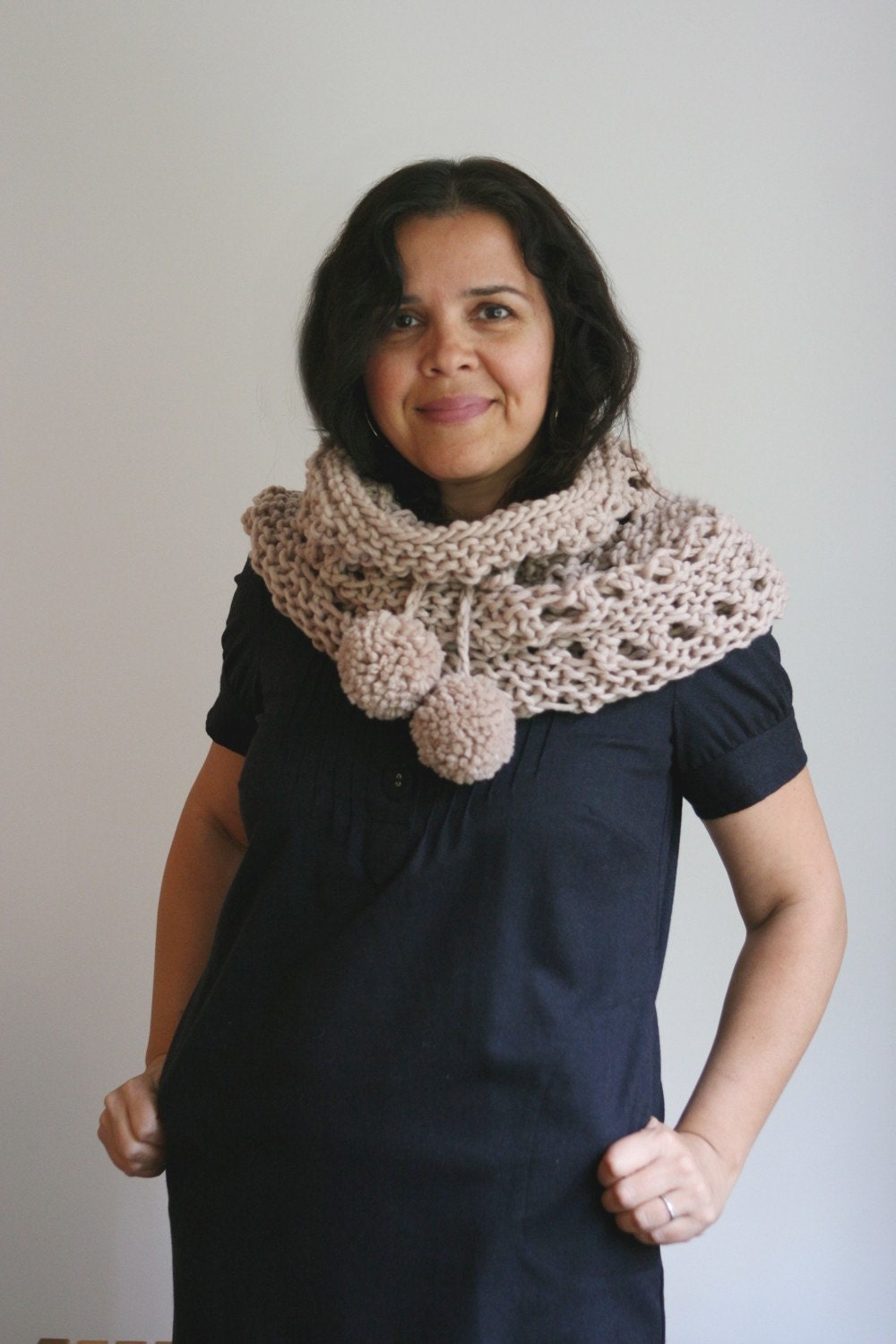 Hand Knit Cowl with Eyelet Pattern and Pom Poms. Soft Merino Wool, in Sand.