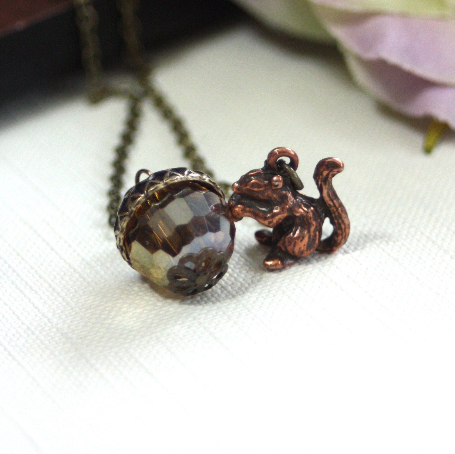 A Squirrel and Its Precious Acorn Lariat Necklace -  Cute, Ice Age Inspired, Adorable, Whimsical