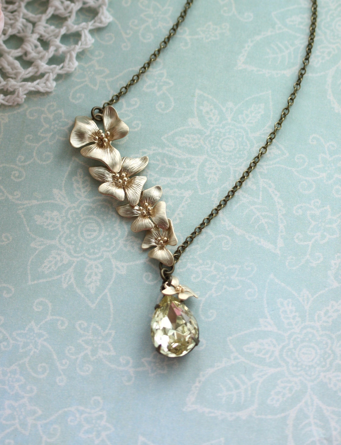 A Cascading Orchid Flower, Yellow Jonquil Glass Jewel Vintage Style Necklace.  Wedding Jewelry. Bridesmaid Gift Ideas. Maid Of Honour.