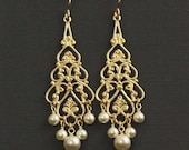 Gold Pearl Chandelier Earrings -- Pearl Bridal Earrings, Gold Filigree Wedding Earrings, Swarovski Cream Pearl Chandeliers -- PRINCESSA