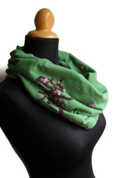 On Sale Tribute to Blossoms of Spring Cowl - Organic Cotton Hemp Hand embroidered crochet applique sakura cherry blossoms Ready to Ship