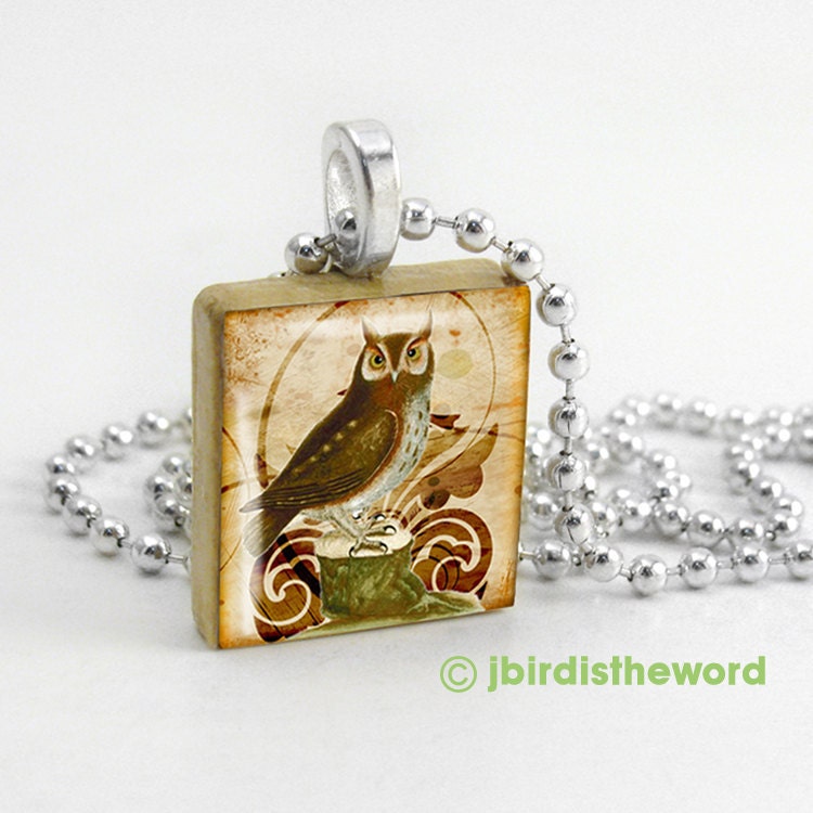 Sepia Owl scrabble tile pendant