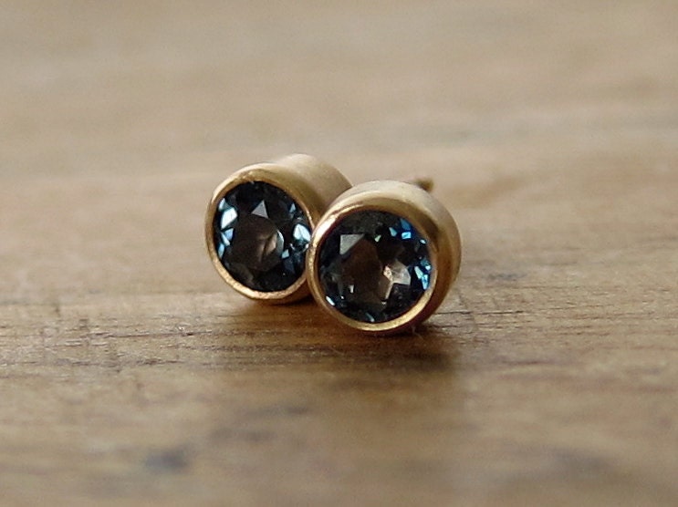 London Blue Topaz Stud Earrings in Recycled 14k Gold Brushed Modern