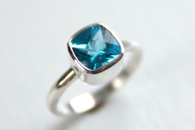 Swiss Blue Topaz Ring in Recycled Sterling Silver - Cushion Cut Bright Blue Gemstone