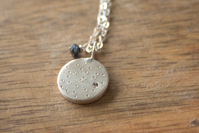 Diamond Necklace in Sterling Silver with Chocolate and Grey Diamonds - Silver Disc with Glimmer Texture