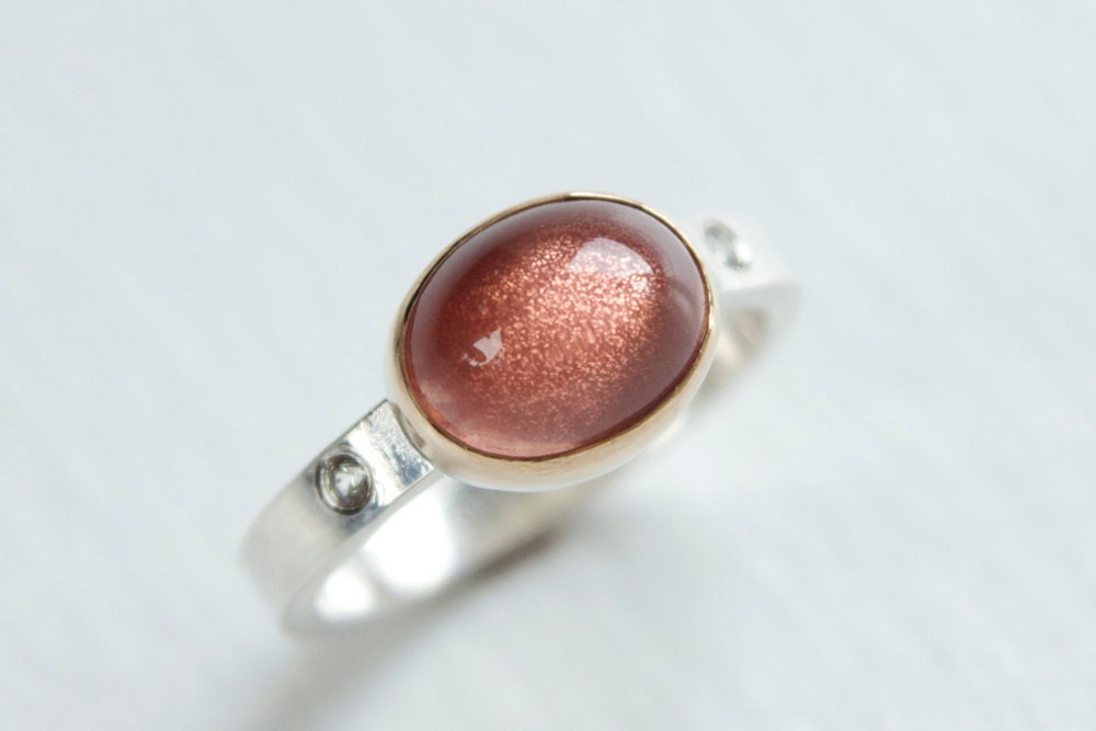 Oregon Sunstone Ring with Green Sapphire, 14k Gold and Sterling