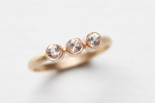 Size 6.5 White Sapphire 3 Stone Ring in Recycled 14k Yellow Gold Brushed Modern Finish