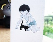 Greeting card - Cat and Boy watercolor painting - cute sexy blank card