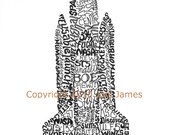 Space Shuttle Art Calligram Drawing, NASA Spaceship Typography Drawing Pen and Ink Illustration Word Art, 8x10 Matted Print