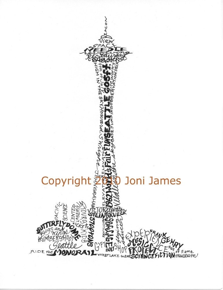 Seattle Center Calligraphy Drawing, Space Needle Art Typography Calligram, Seattle Art Word Art Pen and Ink Illustration 8x10 Matted Print
