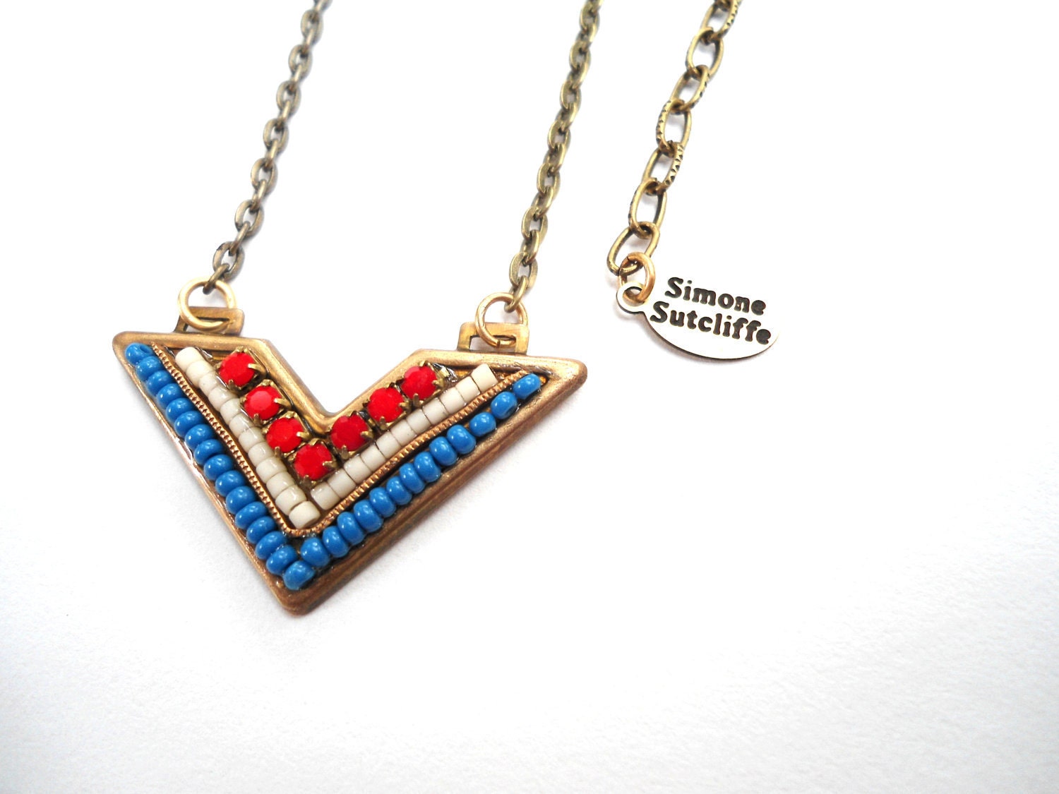 Necklace, Tribal, Chevron, Mosaic, Red, White, Blue, Pendant, Beadwork, Rhinestone