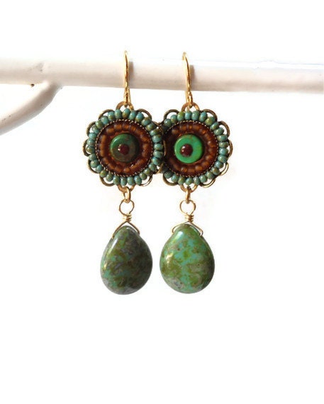 Earrings, Mosaic, Tribal, Turquoise, Dangle, Drop, Green, Rainforest, Topaz