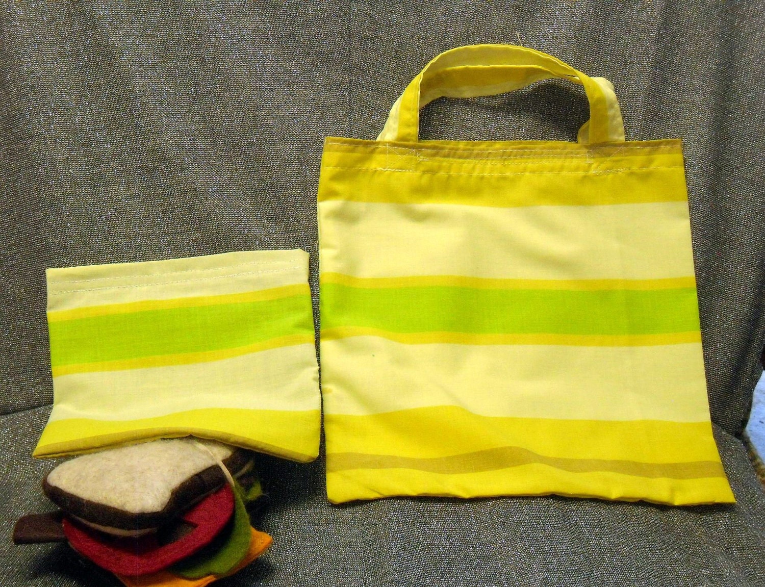 Reusable Sandwich N Lunch Bag Set, Large Yellow N Green Stripe Print