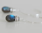 Labradorite briolette Earrings Sterling Silver  grey faceted Stone drop Gemstone blue flash