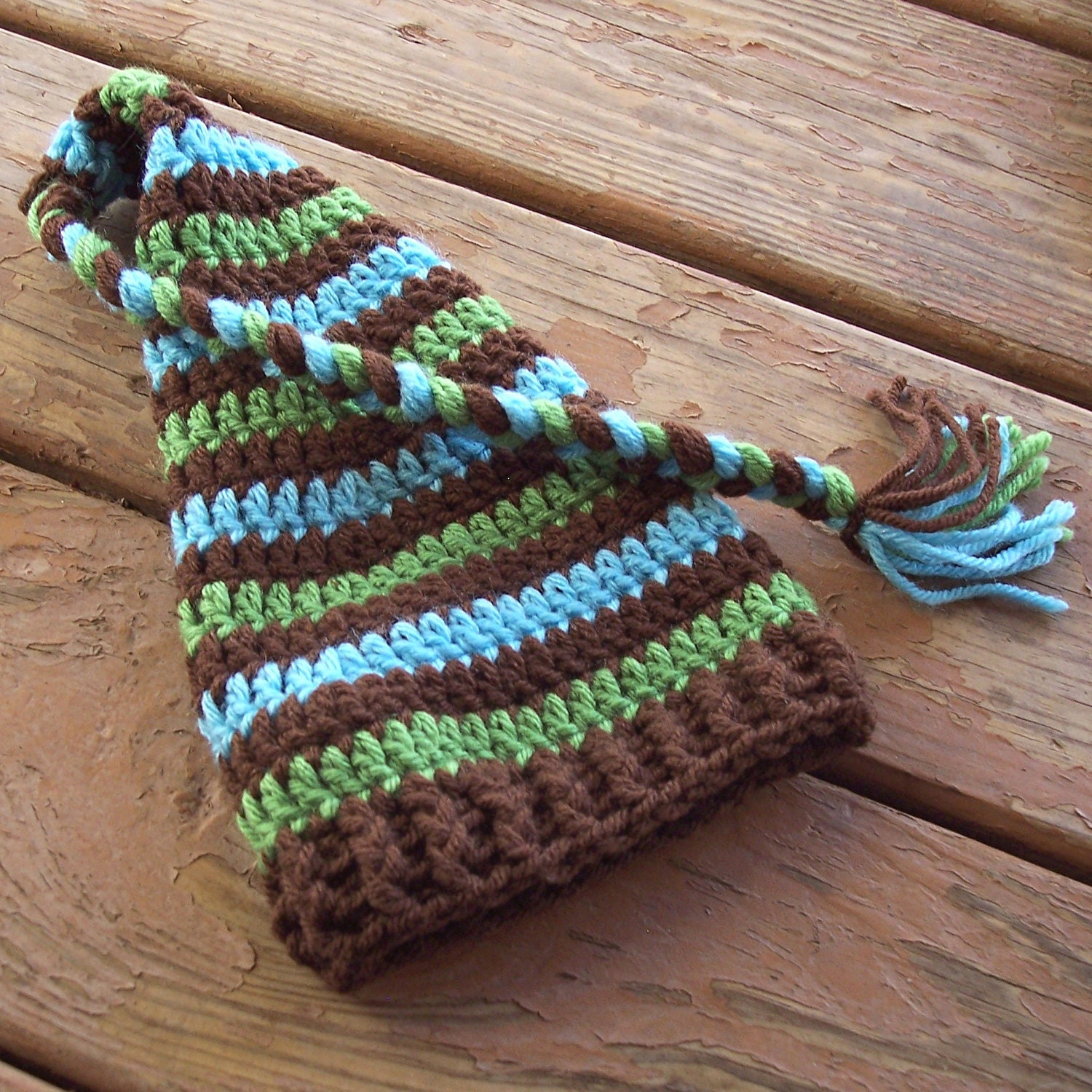 Crochet Baby Elf Hat Crochet Stocking Cap - Brown, Green, Blue Striped Baby Hat in 0 - 3 months READY 2 SHIP Crochet Stocking Hat Photo Prop