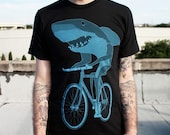 Mens Tshirt SHARK on a Bicycle T Shirt Black American Apparel Unisex BIKE Shirt