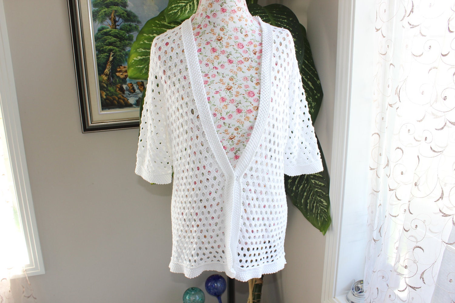 Ready to ship / Handmade Crochet White Cardigan / Lace Fashion/ Will fit  sizes S/M and Large