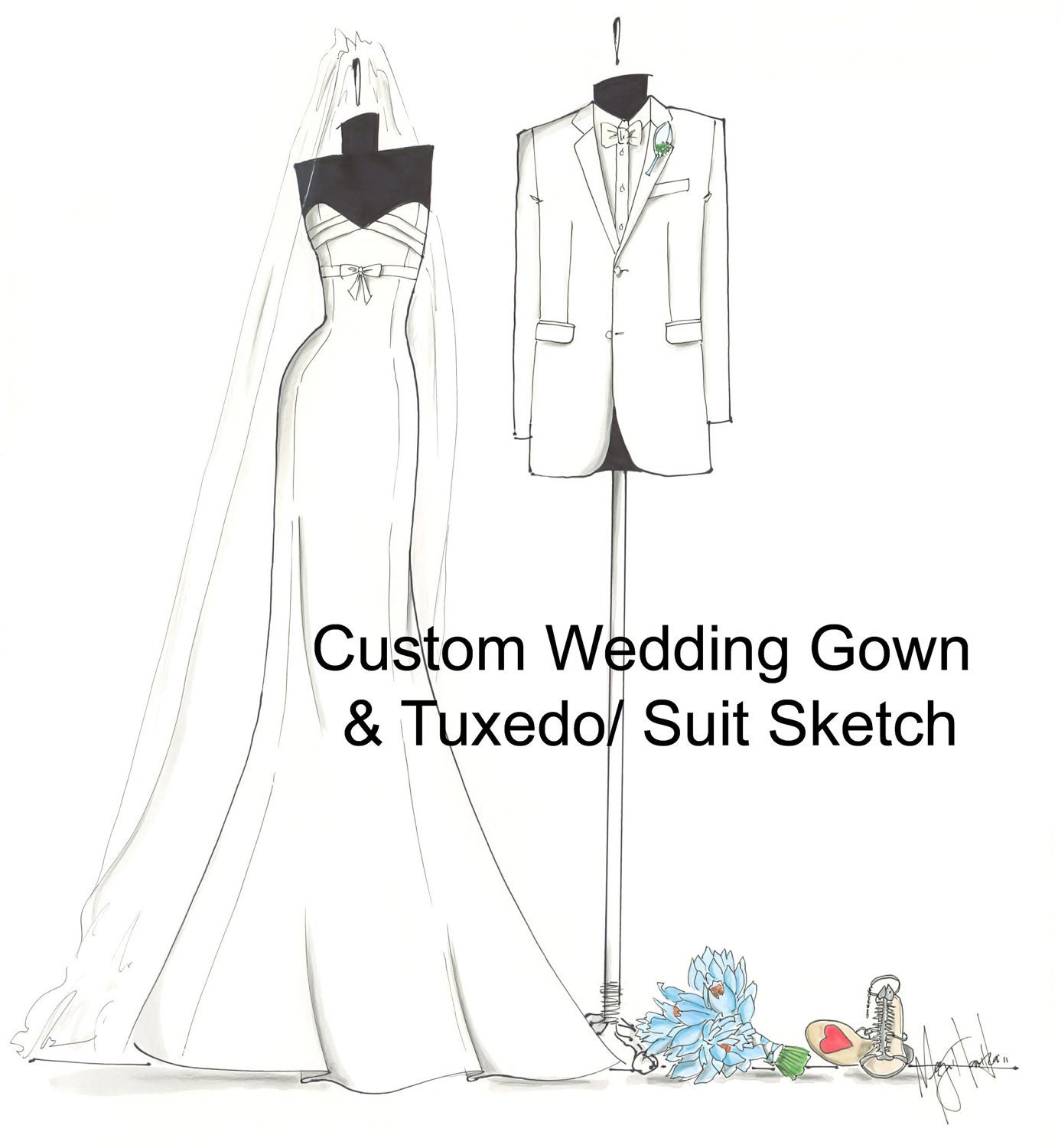 Custom Wedding Gown & Tuxedo/Suit Keepsake Sketch