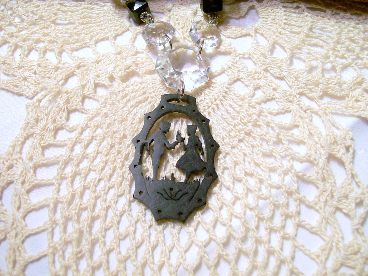 Chandelier Crystal Necklace - Carved Bakelite Pendant - Recycled - Vintage
