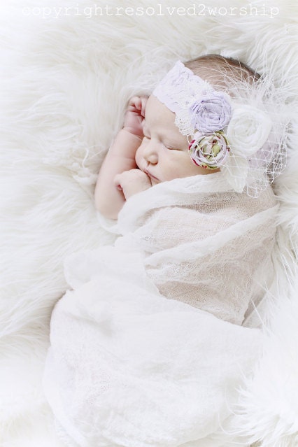 the Haven headband, lavender and white, feathers, netting, shabby chic photo prop, babies, girls - vintagepearlclothing