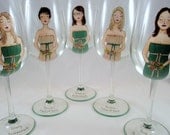 Set of Five Bridesmaid, Bride, Groomsmen, Bridal Party- Personalized Wine Glasses - Hand Painted Custom Caricatures- Free Shipping