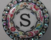Personalized Retractable ID Badge Reel - Bright Floral Monogram with Swarovski Crystals